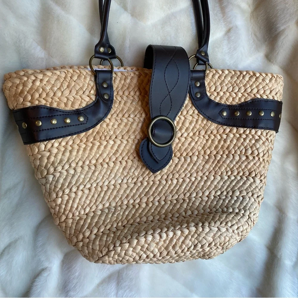 Large wicker 90’s embroidered brown cane beach bag - Picture 2 of 5